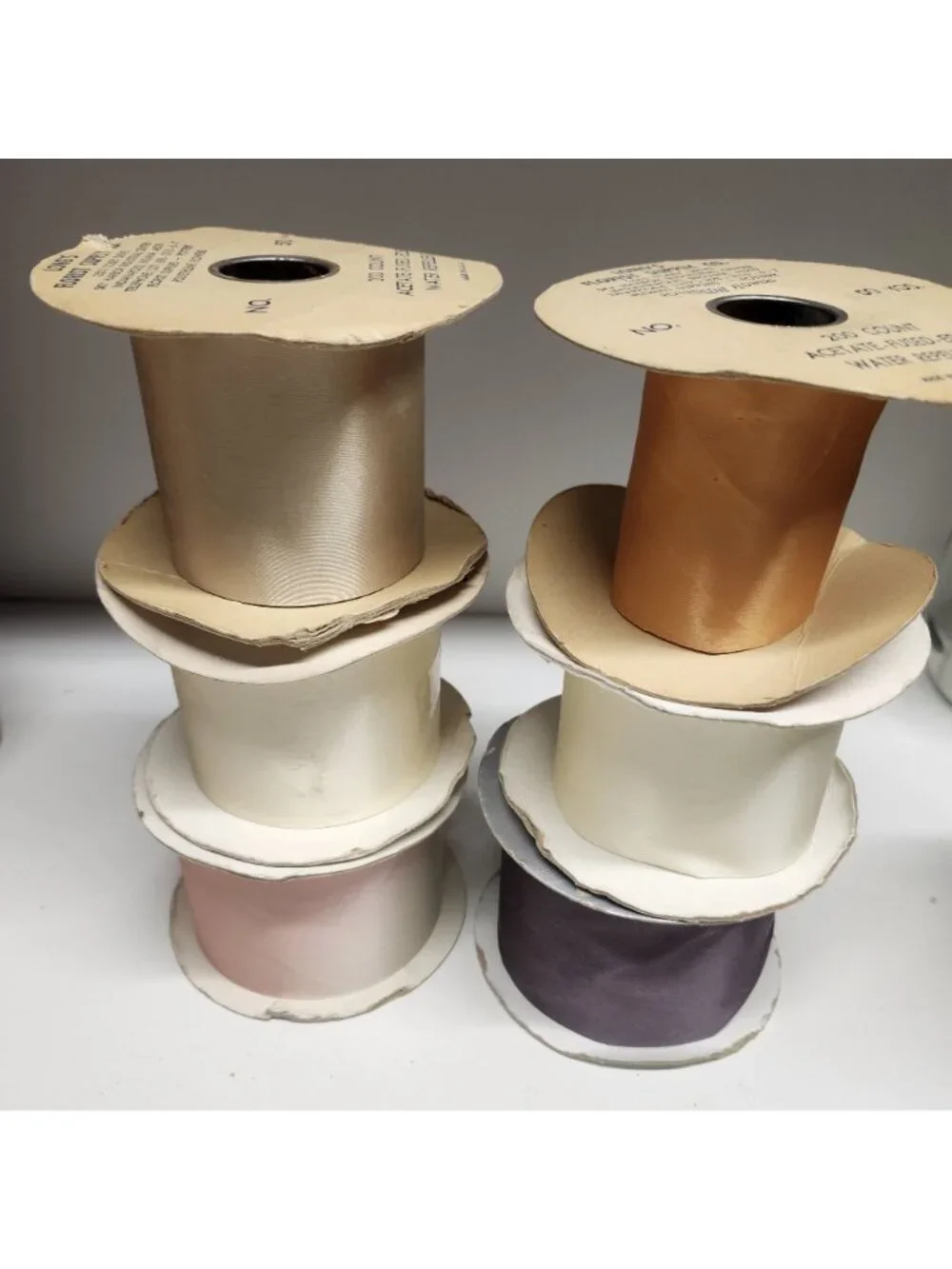 6 Rolls Vintage Florist Satin Ribbon Purple, Pink, Cream, Eggshell, Gold, Tan Cr